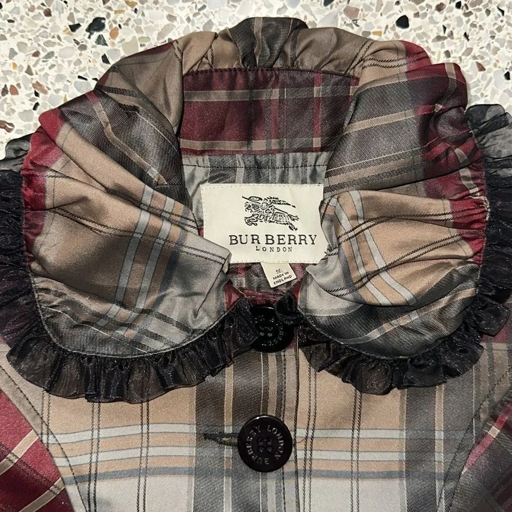Burberry plaid jacket ruffle burgundy grey small s